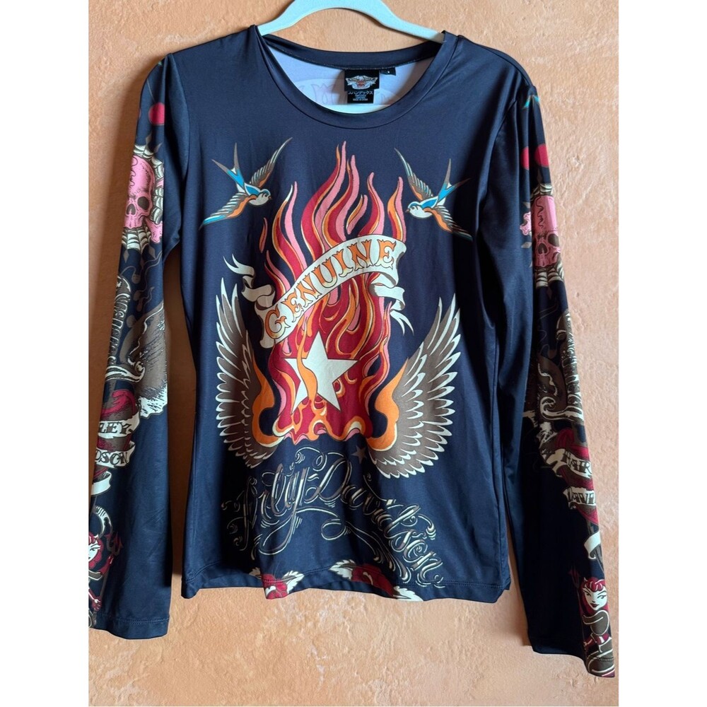 Harley-Davidson Y2K Tattoo Graphic Long Sleeve Top Ed Hardy Style Biker Women S